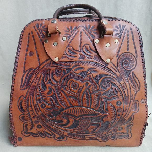 Vintage Hand Tooled Brown Leather Bowling Ball Bag - Picture 1 of 14